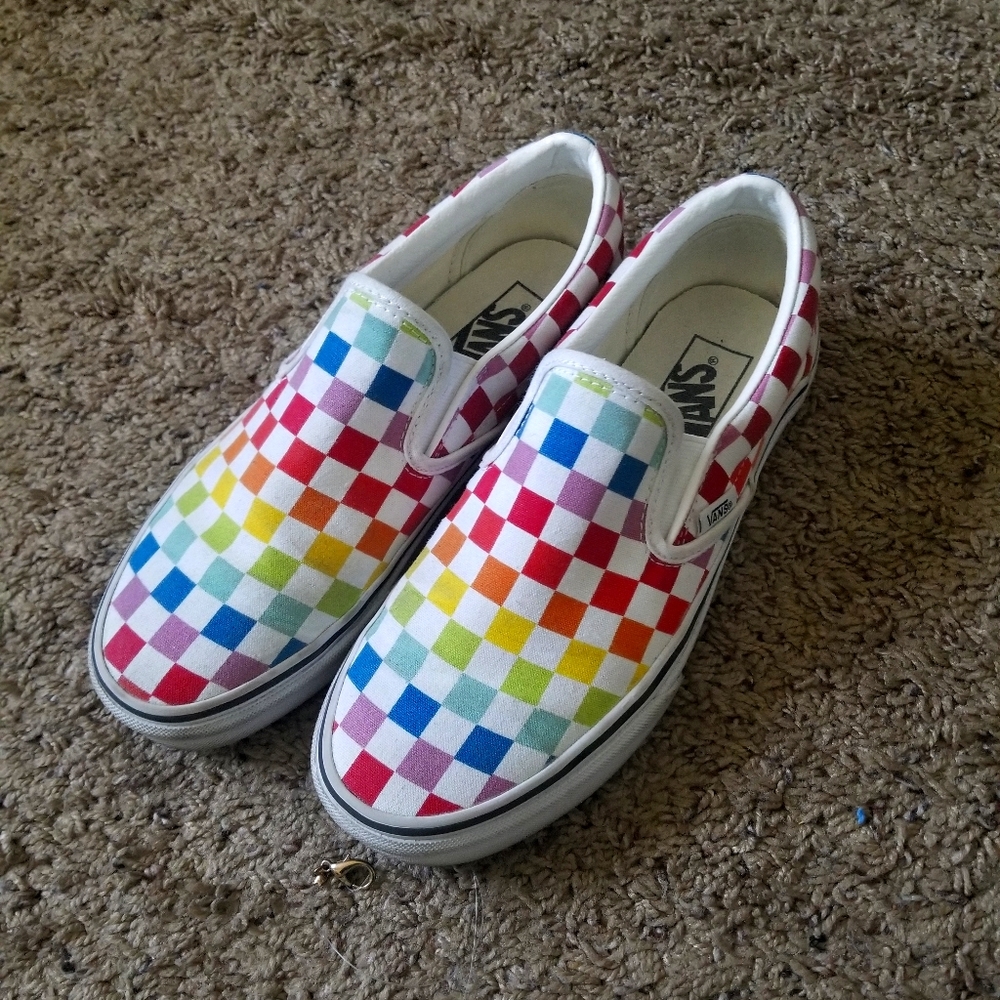 White and Rainbow Checkered Vans